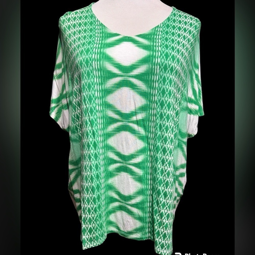 Chico's Knit Top Womens 2 Green Diamond Stripe Ikat Dolman Sleeve Rayon NEW